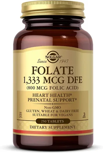 Solgar Folato 1,333 MCG equivalente de folato dietético (800 mcg de ácido fólico), 250 comprimidos – Salud del corazón, sistema nervioso saludable,
