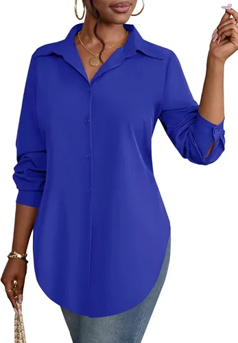 Miniatura 28 de Rooscier Blusa larga con cuello en V para mujer, manga larga, abertura lateral, con botones