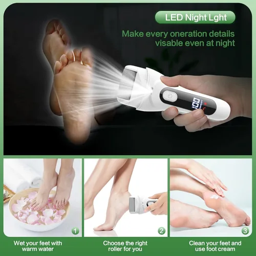Miniatura 5 de Removedor eléctrico de callos de pies, lima de pie eléctrico con luz LED y pantalla, limpiador eléctrico recargable e impermeable, 3 rodillos