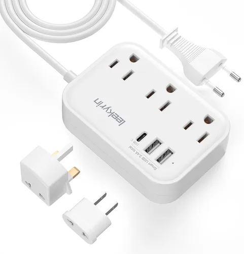 Adaptador de enchufe de viaje europeo, regleta de corriente de EE. UU. a Reino Unido Europa para UE/RU/EE. UU. con USB C, 3 puertos USB 3 tomas de