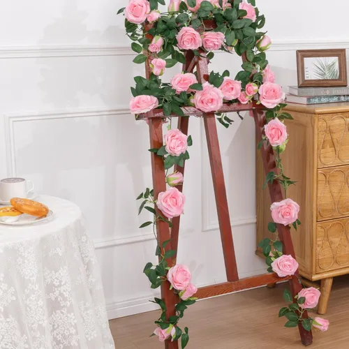 Miniatura 8 de U'Artlines Paquete de 5 guirnaldas florales de vid de rosas artificiales de color rosa en total de 32.5 pies, guirnalda de flores de seda de vid