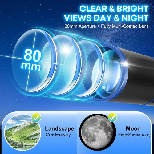 Miniatura 3 de Hawkko Telescopio para Adultos y Principiantes, Apertura de 80mm 500mm Telescopios para Astronomía Adultos, (20X-150X) Kit de Telescopio Refractor