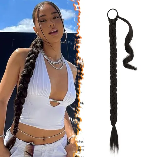 Miniatura 65 de Barsdar Extensión de 26 Pulgadas de Cola de Caballo Trenzada Larga con Banda Elástica - Extensiones de Cabello en Cola de Caballo Recta y Elegante