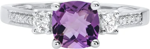 Miniatura 2 de Dazzlingrock Collection 6mm Cushion Amethyst & Round White Sapphire with White Diamond 3 Stone Style Engagement Ring in 10K Gold