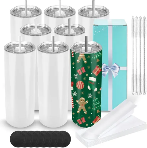 D·S Paquete de 8 vasos de sublimación de 20 onzas a granel con fondo plano y recto, vasos en blanco con caja de regalo individual para transferencia