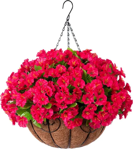 Miniatura 15 de Flores colgantes artificiales con cesta para exteriores, petunias sintéticas, plantas colgantes falsas con eucalipto, resistentes a los rayos UV