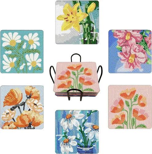 Miniatura 13 de Bulerrylulu Juego de 6 posavasos de pintura de diamantes con soporte, juego de posavasos de arte de diamante de paisaje para bebidas y mesa de café