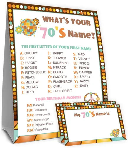 Miniatura 31 de ¿Cuál es tu nombre de los años 50 Juego, 1 señal de doble cara y 30 tarjetas adhesivas, Juegos de fiesta de cumpleaños retro para niños y adultos
