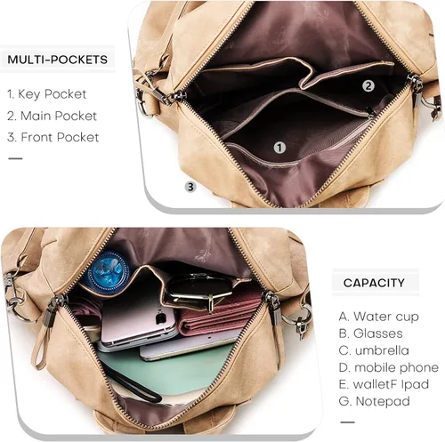 Miniatura 5 de Mochila de cuero para mujer, mochila de viaje de moda vintage, Caqui, Mochilas de viaje