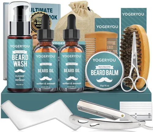 Kit de barba, kit de aseo de barba para hombres con navaja recta, 2 paquetes de aceite para barba, lavado, bálsamo, cepillo, peine, tijeras. Regalos