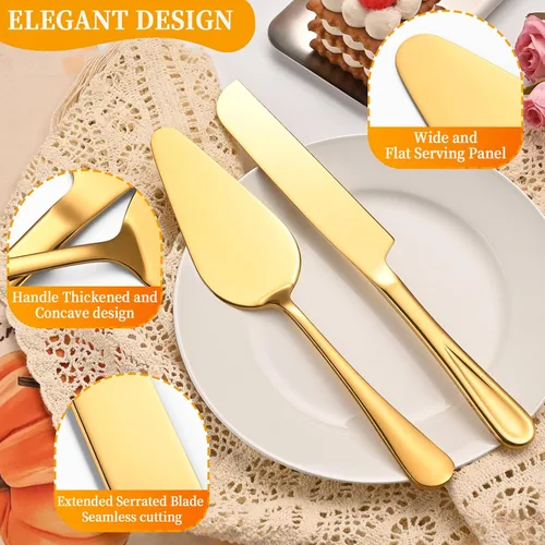 Miniatura 2 de Juego de cortar pasteles para bodas, servidor de tartas, cuchillo y servidor de acero inoxidable, cortador de pastel dorado para cumpleaños, fiestas