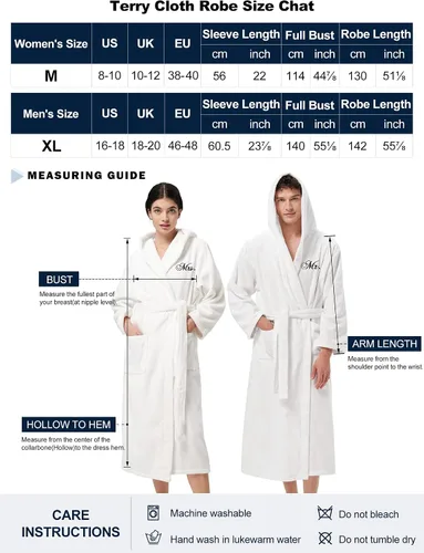 Miniatura 6 de AW BRIDAL 2Pcs Couple Terry Cloth Robes 100% Cotton Hooded Spa Robe for Women Men Wedding Anniversary Engagement Gifts