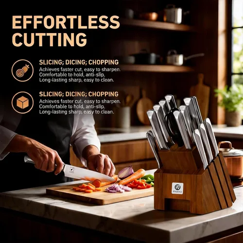 Miniatura 9 de imarku Juego de cuchillos de cocina con bloque y afilador, 16 piezas de acero inoxidable japonés de alto carbono ultra afilado, mango ergonómico