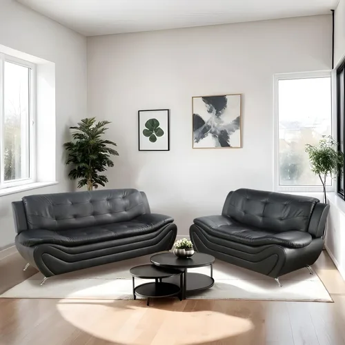 Miniatura 7 de Sofá seccional de cuero negro, juego de muebles de sala de estar, juego de 2 piezas de sofá moderno para sala de estar, apartamento, oficina, negro#1