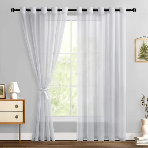 Miniatura 93 de Hiasan - Cortinas traslúcidas de gasa cortas semitransparentes con ojales y alzapaños filtrantes de luz para ventana, dormitorio, baño, 2 paneles