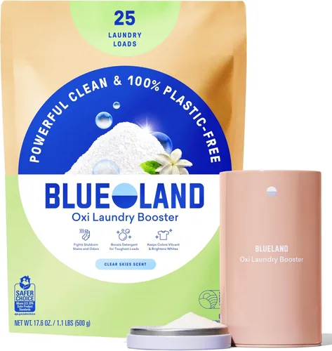 BLUELAND Oxi - Polvo potenciador de ropa con lata, juego de iniciación, aroma Clear Skies, 25 cargas, 17.6 onzas, sin plástico, ecológico, limpiador