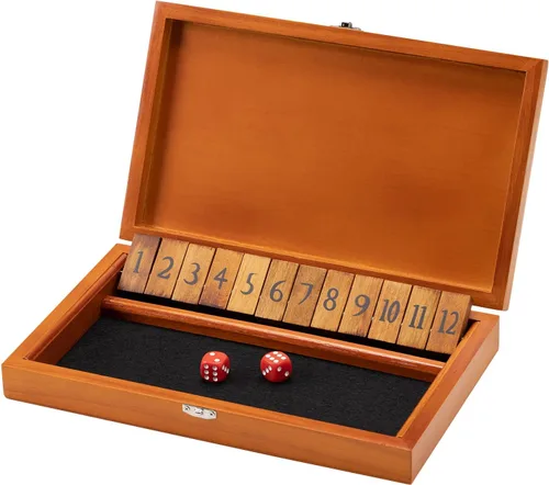 Crobyi - Juego de dados «Shut The Box» con 12 números y tapa, juego de mesa clásico de madera con 4 dados, paquete de regalo y reglas del juego,