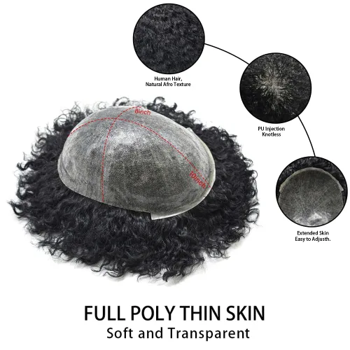 Miniatura 3 de Afro Curl Toupee para hombres unidades de cabello humano real para hombres negros inyectados PU tupé afroamericano para hombre postizo de pelo