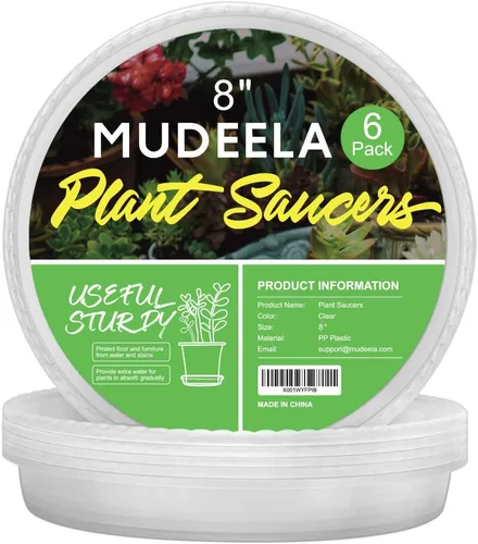 MUDEELA Paquete de 6 platillos para plantas de 8 pulgadas, bandejas de plástico duraderas para interiores, platillo de plástico transparente, hecho