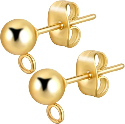 Miniatura 10 de Beebeecraft 100 PIEZAS de Pendientes de Poste de Bola Chapados en Oro de 24K con Lazo, Accesorios para Pendientes con Poste de Bola para Hacer Dorado