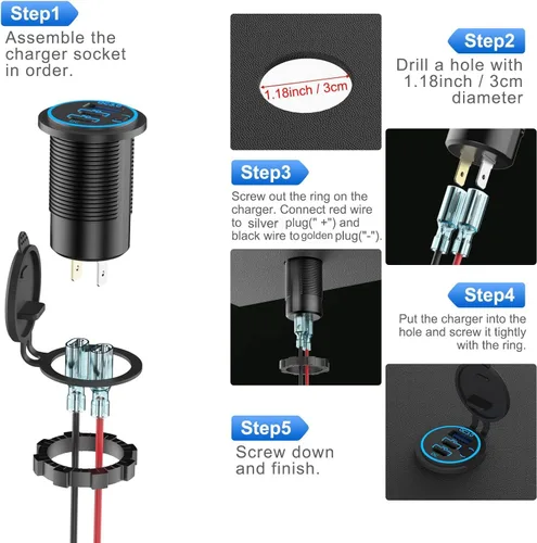 Miniatura 5 de Toma USB de 12V Cable Cargador USB Multipuerto, Dual PD3.0 USB-C y Carga Rápida 3.0 Puerto de Coche con Interruptor de Encendido, Carga Rápida