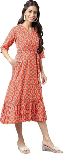 Miniatura 6 de Janasya Vestido con volantes estampado de motivos étnicos de algodón naranja para mujer india