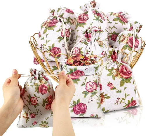Pangda 30 bolsas de regalo pequeñas con cordón de flores de 5.1 x 7 pulgadas, bolsas de arpillera rosa para almacenamiento de joyas, bolsas de lino