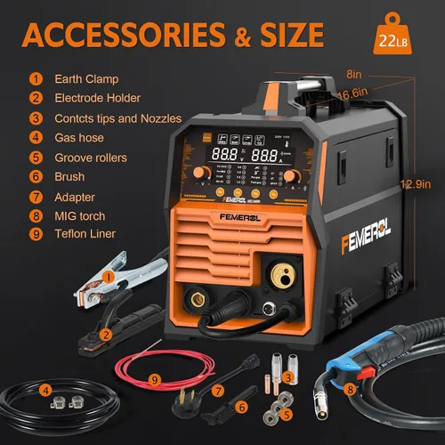 Miniatura 8 de FEMEROL Soldador MIG 250A, 6 en 1 Gas MIG/Núcleo de Flujo sin Gas/Electrodo/Elevación TIG/Soldadura por Puntos/Compatible con Pistola de Carrete