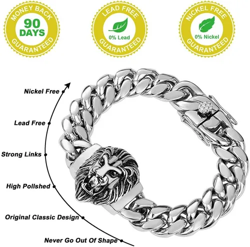 Miniatura 14 de Cadena de eslabones cubanos para hombre, gargantilla de león, collar de plata Hip Hop de 18 pulgadas, 20 pulgadas y pulsera de 8.5 pulgadas, juego