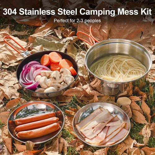 Miniatura 2 de Odoland 10pcs Stainless Steel Camping Cookware Camping Pot and Pan Set with Portable Camping Stove Camping Mess Kit with Plates Bowls Forks Knives