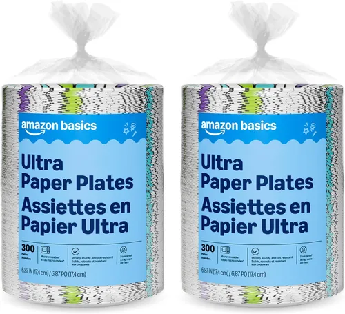 Amazon Basics Ultra - Platos de papel, 6.87 pulgadas, desechables, 600 unidades (2 paquetes de 300), aptos para microondas, a prueba de remojo,