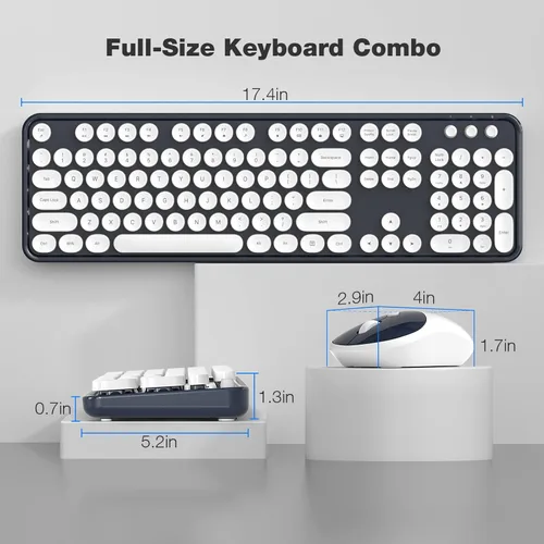 Miniatura 43 de KNOWSQT Combo de teclado y ratón inalámbrico, teclados lindos de tamaño completo estilo máquina de escribir 2.4G azul colorido - receptor USB Plug