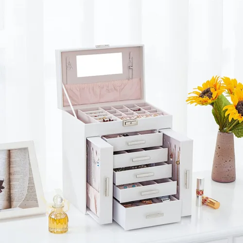 Miniatura 2 de ANWBROAD Caja organizadora de joyas Caja de joyería para mujer con cerradura de 6 niveles Caja de almacenamiento de joyería blanca para aretes