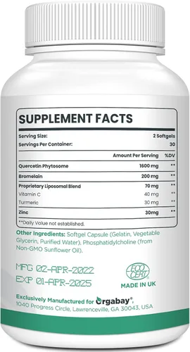 Miniatura 2 de Orgabay Fitosoma liposomal de quercetina 1600 mg,Bromelina 200mg,Zinc 30mg,Vitamina C cúrcuma 40 mg,La absorción más alta,Complejo de quercetina