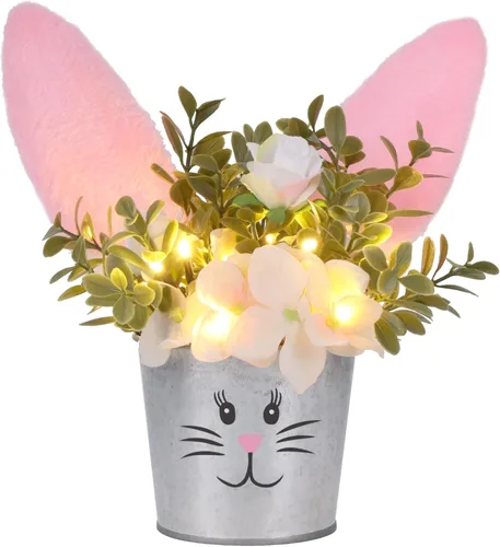 Prsildan Decoración de mesa de Pascua, flor artificial con oreja de conejo, decoración de escritorio iluminada, flores de conejo, decoraciones de