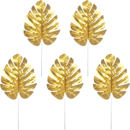 Miniatura 10 de CCINEE 24 piezas de hojas de palma artificiales doradas, 3 tamaños, hojas falsas de Monstera, simulación de hojas de safari con tallos