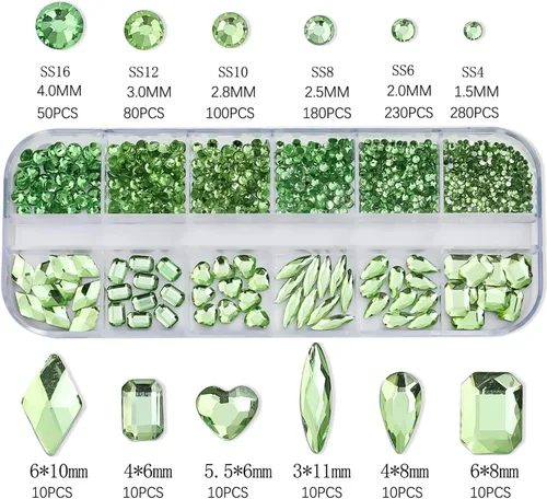 Miniatura 6 de Diamantes de imitación verdes para uñas, gemas de diamantes de imitación de cristal 3D, diamantes de imitación de parte trasera plana, varios