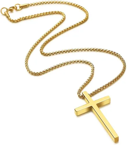 Miniatura 4 de Ursteel - Collar con dije de cruz de acero inoxidable para hombre, cadena de eslabones cuadrados de 16 a 30 pulgadas, color plateado, negro, dorado