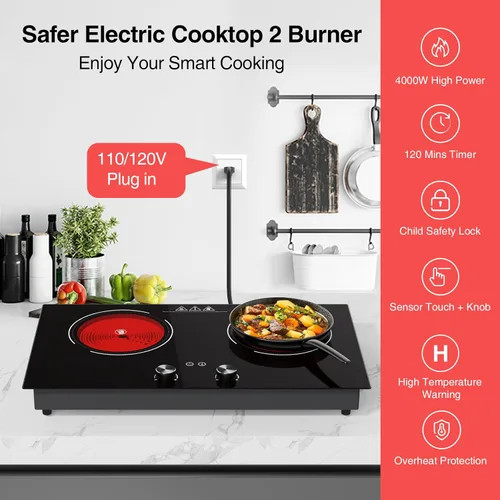 Miniatura 3 de Placa de cocina eléctrica de 2400 W: estufa eléctrica de 24" de 2 quemadores, placa caliente de doble quemador, GTKZW control de perilla para Placa