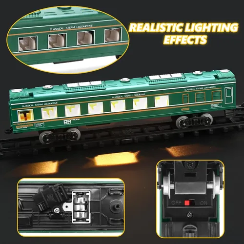 Miniatura 2 de Juego de tren para niños, tren de locomotora de vapor con coche de carbón, vagón de pasajeros, coche de carga y pistas largas, kits de tren