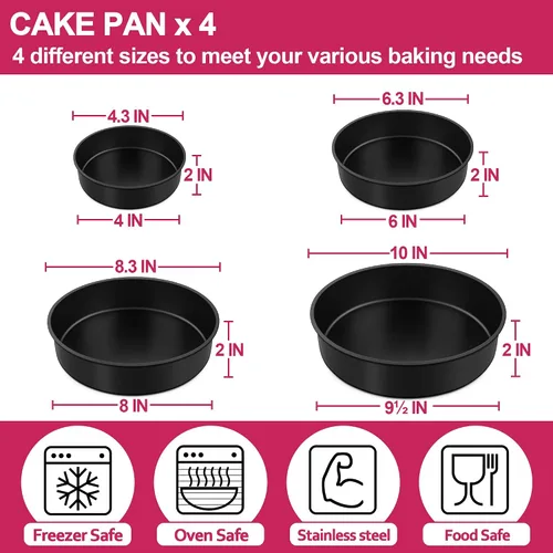 Miniatura 2 de E-far Juego de 4 moldes para pasteles (4 pulgadas/6 pulgadas/8 pulgadas/9½ pulgadas), moldes redondos antiadherentes para tartas de cumpleaños