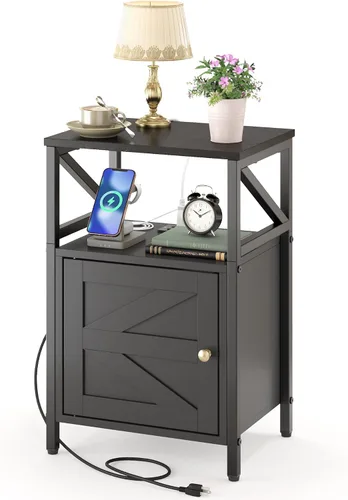 Miniatura 8 de Mesa auxiliar de granja con estación de carga, puertos USB de 3 niveles y mesa auxiliar, mesa auxiliar compacta para espacios pequeños, mesa blanco-K