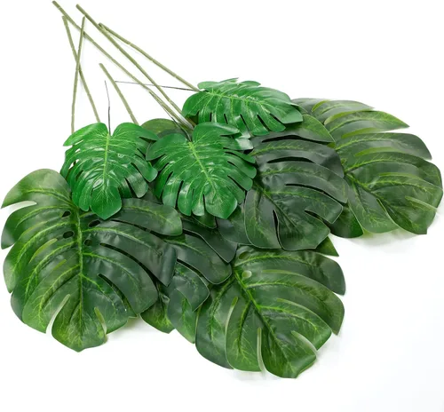 Zeyune 12 hojas de palma artificiales a granel con tallos sintéticos, hojas de Monstera falsas grandes para domingo de Ramos, boda, hoja de tortuga