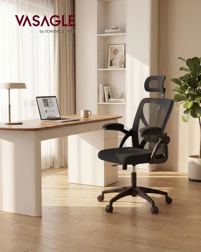 Miniatura 2 de VASAGLE Silla de oficina ergonómica de malla con soporte lumbar ajustable y reposacabezas, función de inclinación de 90-105°, asiento ancho, Negro