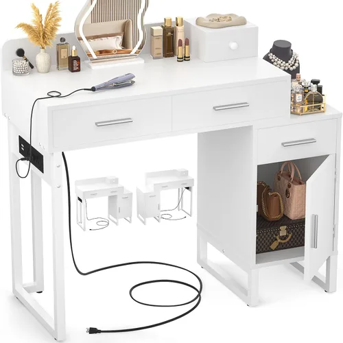 Miniatura 9 de Mesa de tocador con 4 cajones de almacenamiento - Mesa de tocador de maquillaje moderna con estación de carga, mesa de tocador negra con gabinete