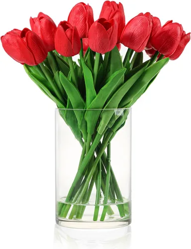 Miniatura 7 de 20 piezas de tulipanes de tacto real en jarrón, arreglos de tulipanes falsos con jarrón y agua falsa para decoración del hogar, mesa de comedor Rosa
