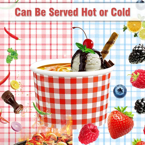 Miniatura 4 de Tessco for you Paquete de 100 tazas de helado a cuadros rojos y blancos con cucharas de plástico de 12 onzas desechables de papel a cuadros