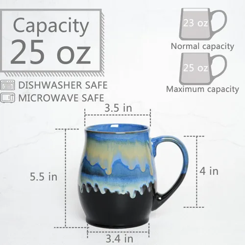 Miniatura 2 de Bosmarlin - Taza de cerámica extra grande para café, 25 onzas, apta para lavavajillas y microondas, taza grande y agrandada para té, esmaltado Azul