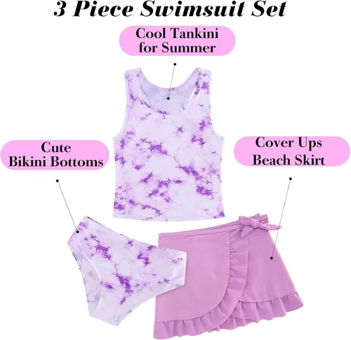Miniatura 57 de Traje de baño tankini de 3 piezas para niñas, lindo bikini con salida de baño con falda de playa de 5 a 16 años