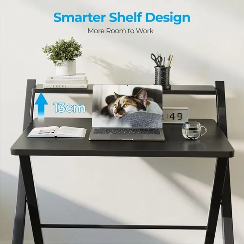 Miniatura 5 de GreenForest Escritorio plegable sin montaje, escritorio compacto de 2 niveles para computadora con estante, mesa plegable que ahorra espacio